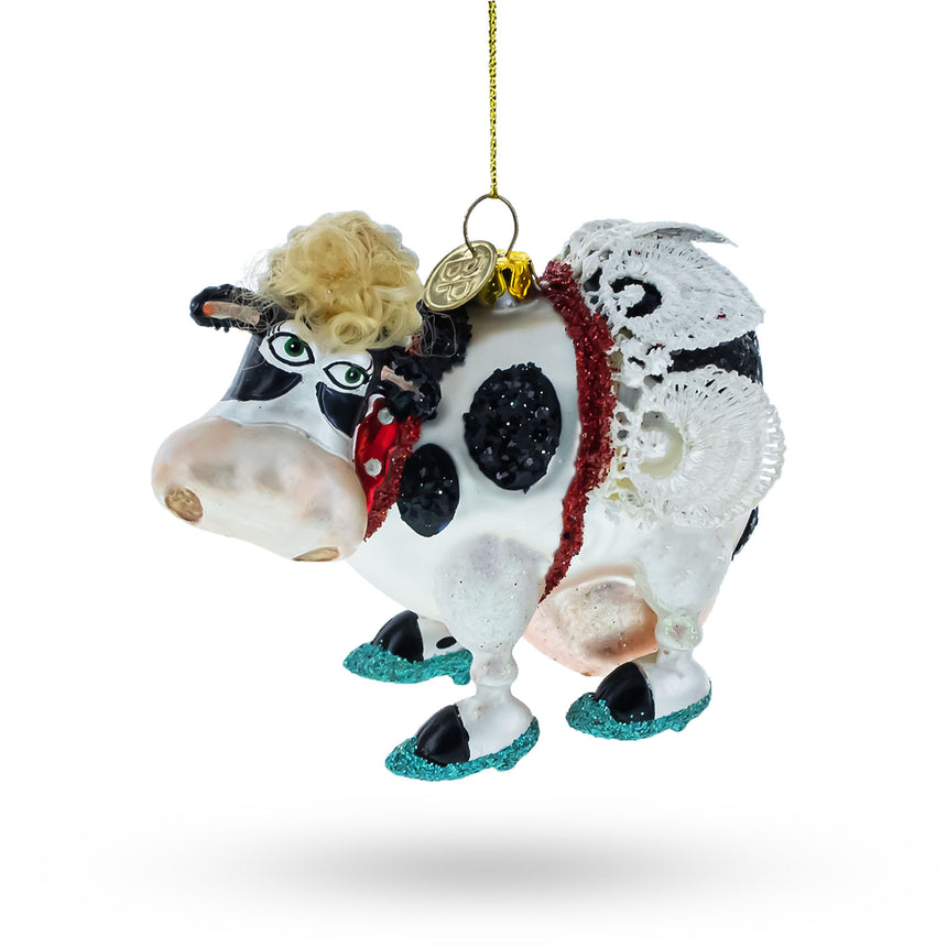 Glass Fantastical Cow Sporting Wings Glass Christmas Ornament in Multi color