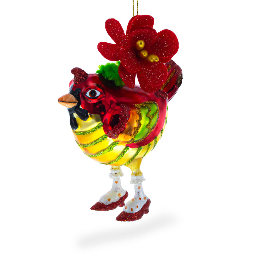 Glass Elegant Hen Adorned with a Hat Glass Christmas Ornament in Multi color