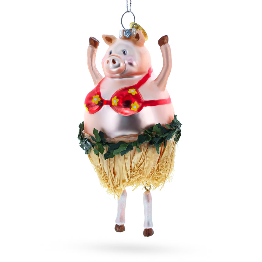 Glass Jubilant Pig Dancing in a Bra Blown Glass Christmas Ornament in Multi color