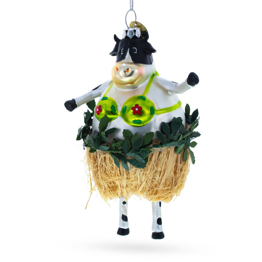 Glass Cow in Grass Skirt and Floral Bikini Blown Glass Christmas Ornament in Multi color