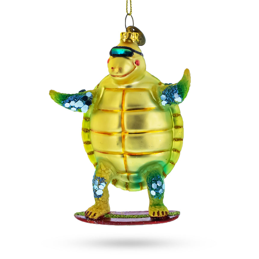 Glass Cool Turtle Surfing Blown Glass Christmas Ornament in Multi color