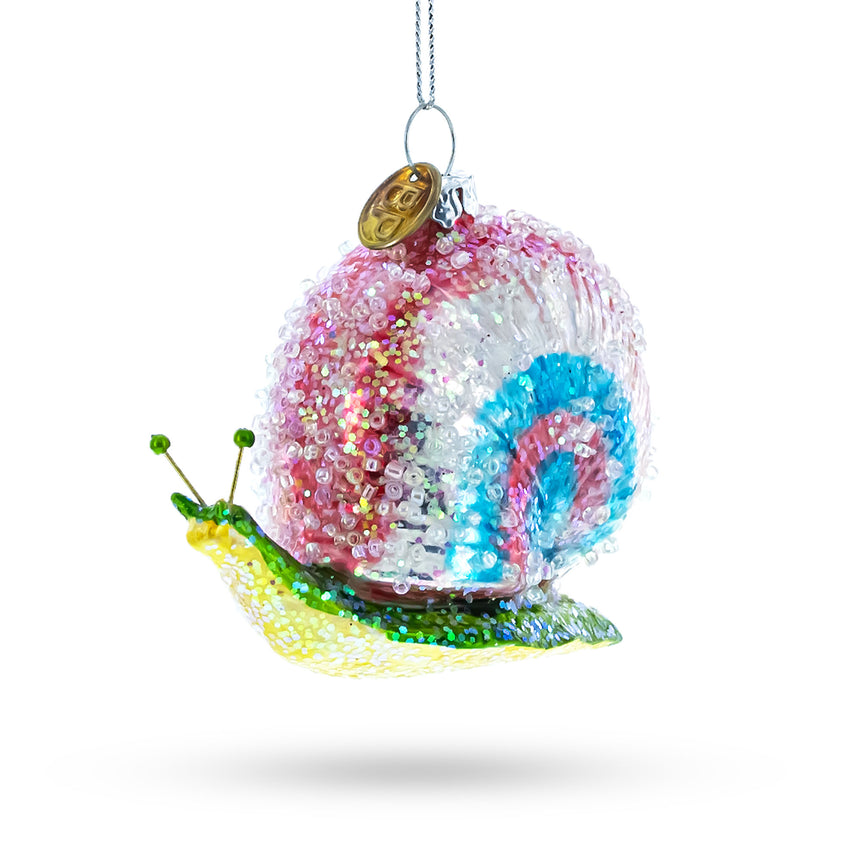 Glass Snail with Colorful Beads Blown Glass Christmas Ornament in Multi color