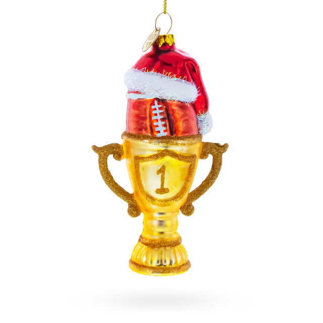 Glass Football Trophy in Santa Hat Blown Glass Christmas Ornament in Multi color