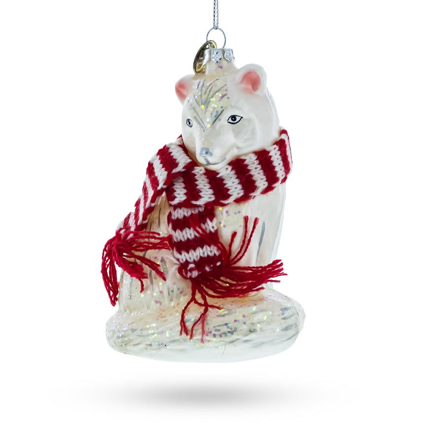 Glass Arctic Fox with Scarf Blown Glass Christmas Ornament in White color