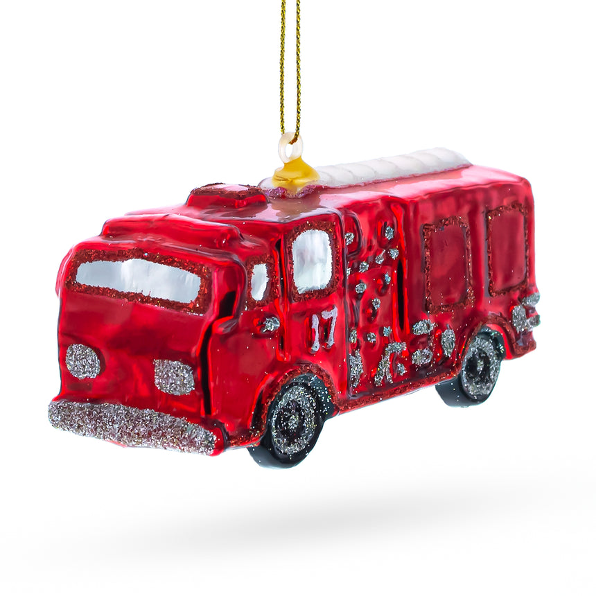 Glass Classic Fire Truck Blown Glass Christmas Ornament in Red color