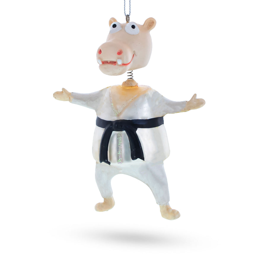 Glass Martial Arts Karate Hippo Blown Glass Christmas Ornament in White color