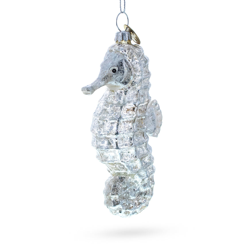 Glass Elegant Silver Sea Horse Blown Glass Christmas Ornament in Silver color