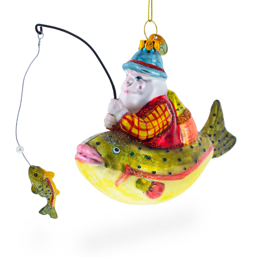 Glass Santa Fishing on Boat Blown Glass Christmas Ornament in Multi color