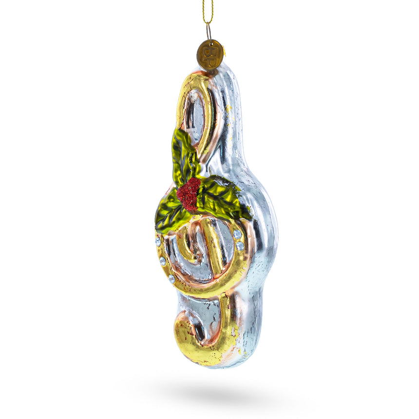 Glass Melodic Musical Note with Poinsettia Blown Glass Christmas Ornament in Multi color