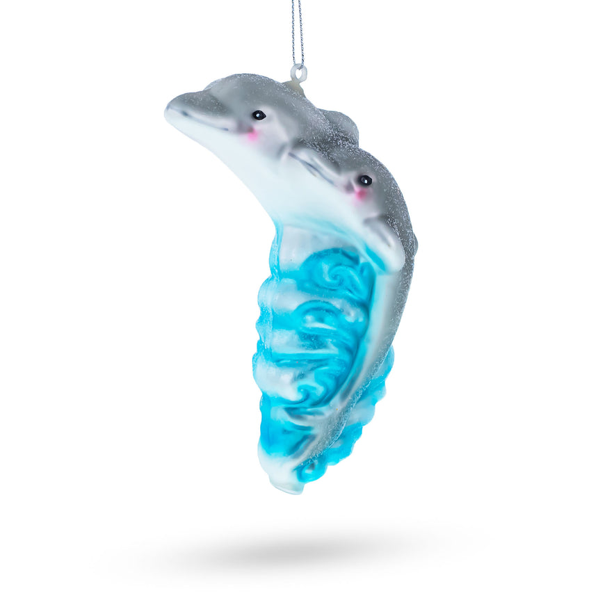 Glass Graceful Dolphin Riding the Wave Glass Christmas Ornament in Multi color