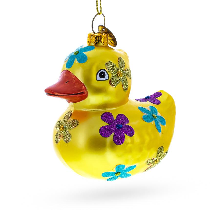 Glass Cheerful Yellow Duck Blown Glass Christmas Ornament in Yellow color