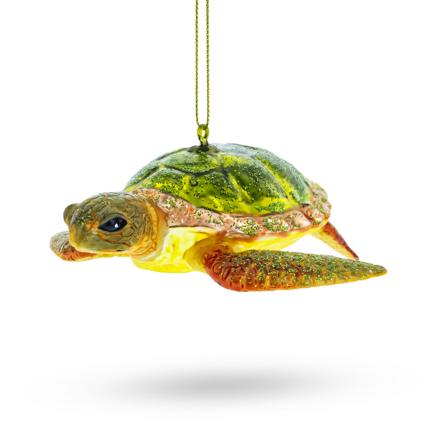 Glass Tranquil Sea Turtle Blown Glass Christmas Ornament in Green color