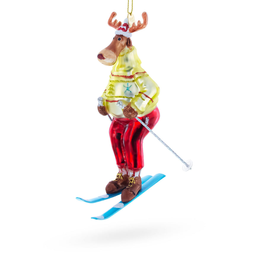 Glass Festive Reindeer Skiing Blown Glass Christmas Ornament in Multi color