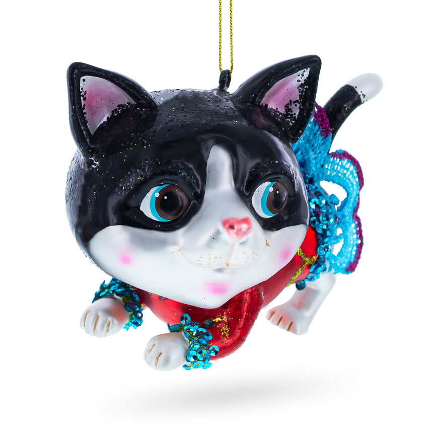 Glass Black Cat Wearing a Dress Blown Glass Christmas Ornament in Multi color