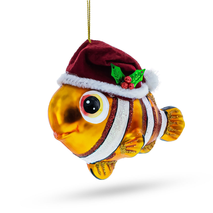 Glass Festive Clownfish in Santa Hat Glass Christmas Ornament in Multi color