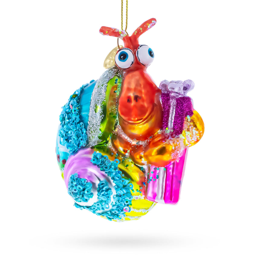 Glass Cheerful Shrimp with Gifts Blown Glass Christmas Ornament in Multi color