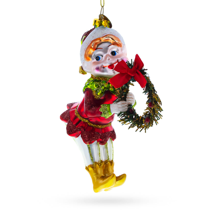 Glass Merry Elf with Wreath Blown Glass Christmas Ornament in Multi color