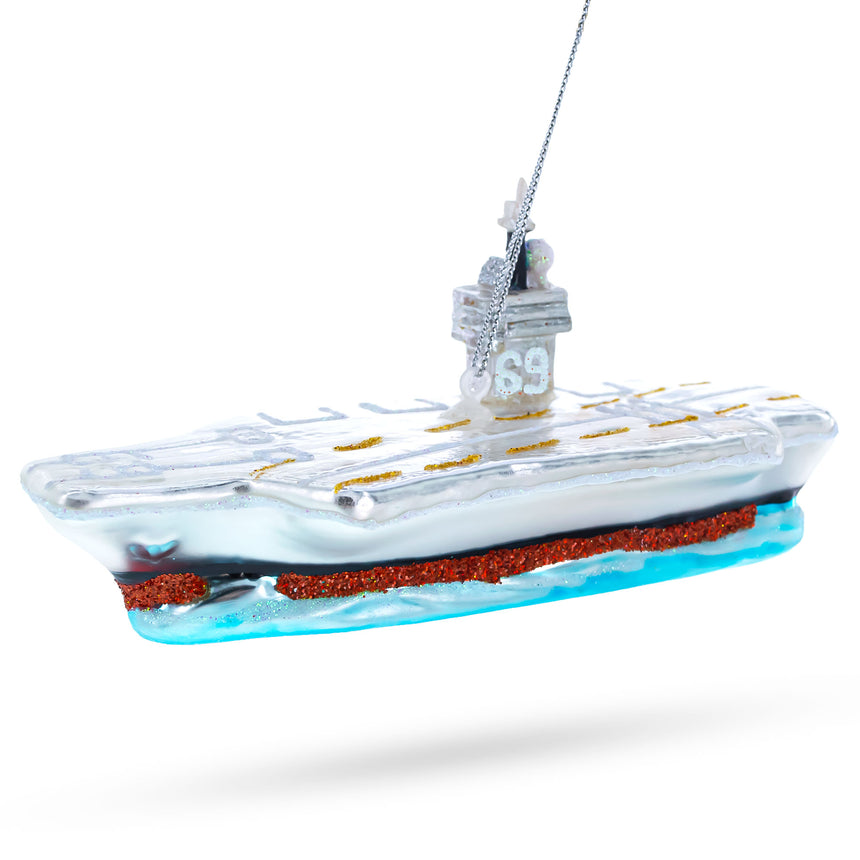 Glass Aircraft Carrier Blown Glass Christmas Ornament in Blue color