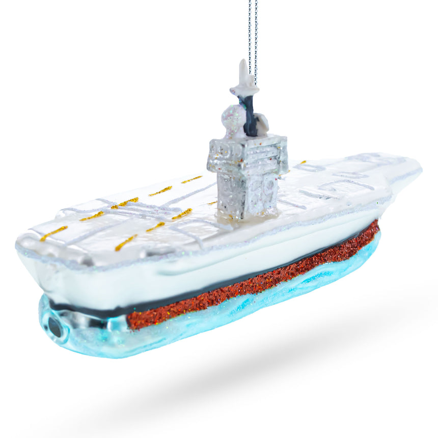 Aircraft Carrier Blown Glass Christmas Ornament ,dimensions in inches: 5.67 x 2.8 x 1.95