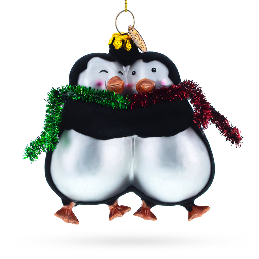 Glass Penguin Couple in Love Blown Glass Christmas Ornament in Black color