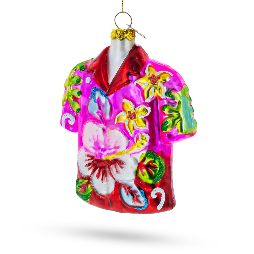 Glass Tropical Short Sleeve Shirt with Flowers Blown Glass Christmas Ornament in Multi color