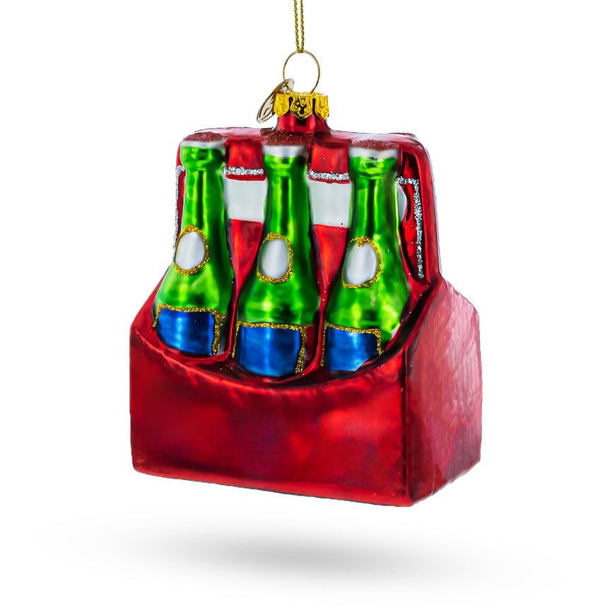 Glass Festive Six-Bottle Beer Pack Blown Glass Christmas Ornament in Multi color