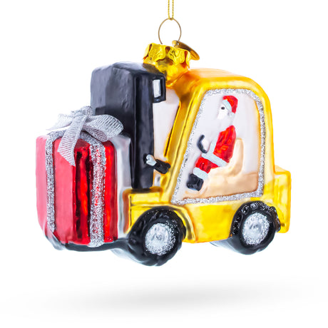 Glass Jolly Santa Riding Forklift Blown Glass Christmas Ornament in Multi color