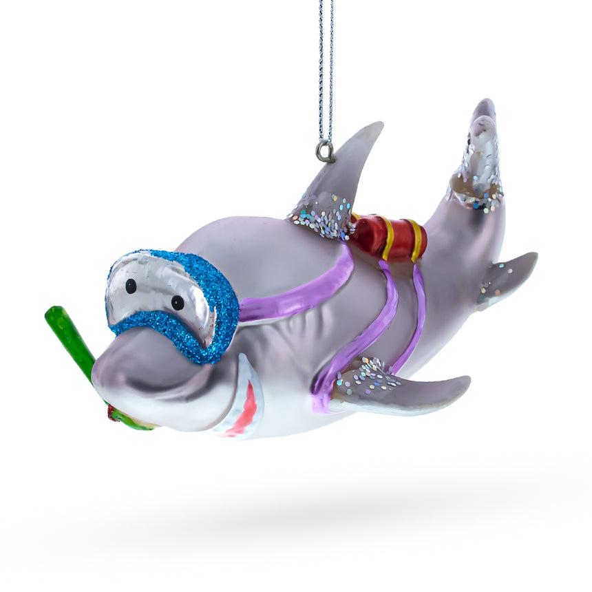 Glass Adventurous Snorkeling Shark Blown Glass Christmas Ornament in Gray color