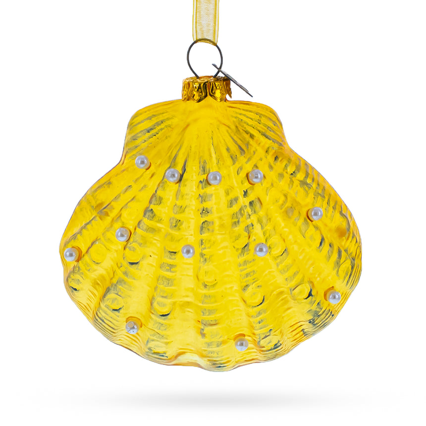 Glass Elegant Sea Shell Blown Glass Christmas Ornament in Yellow color