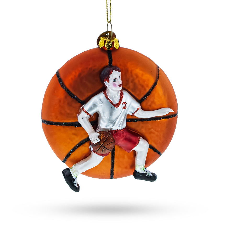 Glass Slam Dunk Basketball Player Blown Glass Christmas Ornament in Orange color