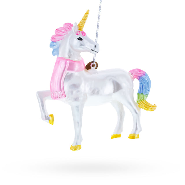 Glass Enchanting Rainbow Unicorn Blown Glass Christmas Ornament in White color