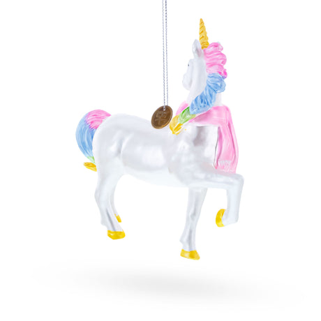 Enchanting Rainbow Unicorn Blown Glass Christmas Ornament ,dimensions in inches: 4.9 x 4.2 x 1.3