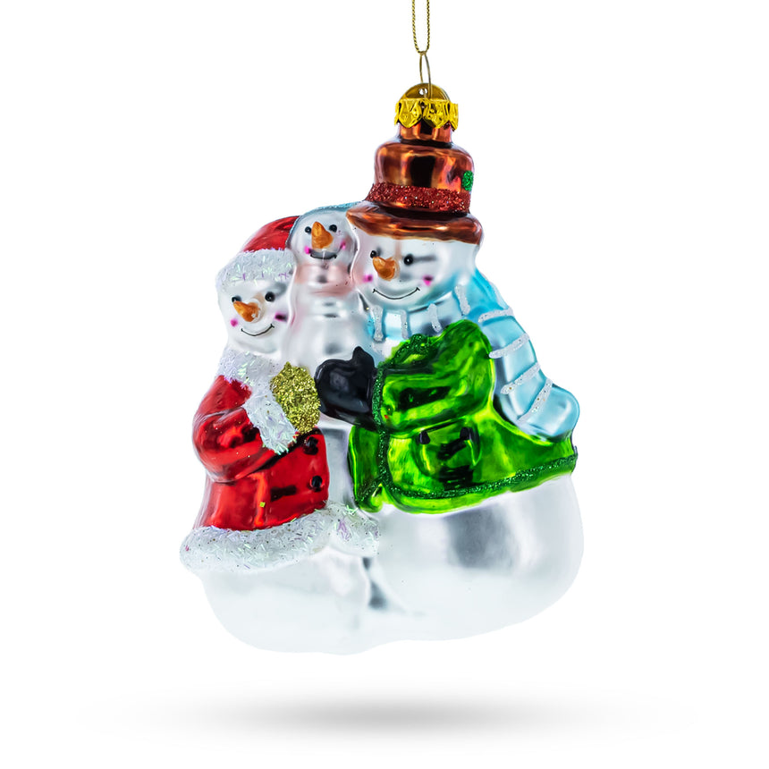 Glass Snowman Family with Baby Blown Glass Christmas Ornament in Multi color