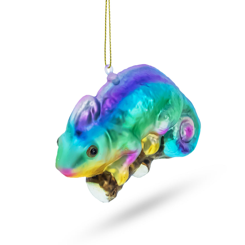 Glass Colorful Rainbow Chameleon Blown Glass Christmas Ornament in Multi color