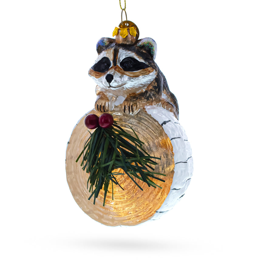 Glass Curious Raccoon on the Log Blown Glass Christmas Ornament in Multi color