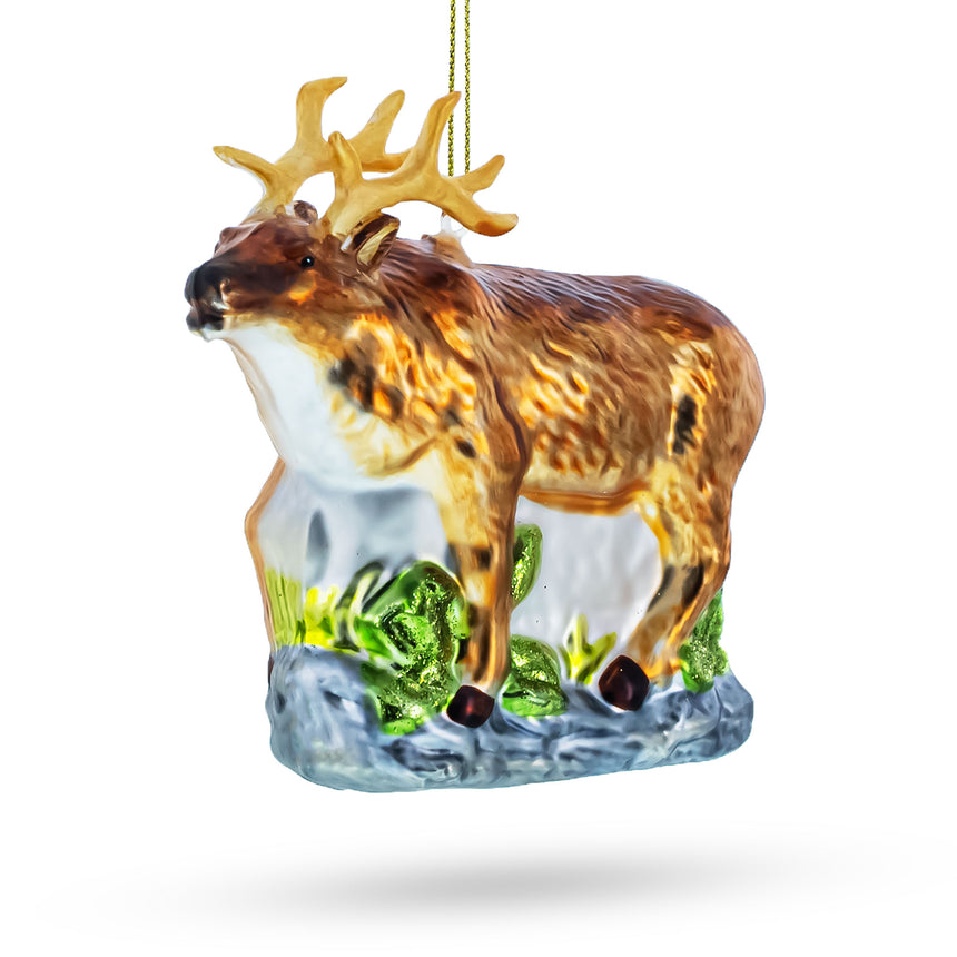 Glass Graceful Reindeer on Grass Blown Glass Christmas Ornament in Multi color