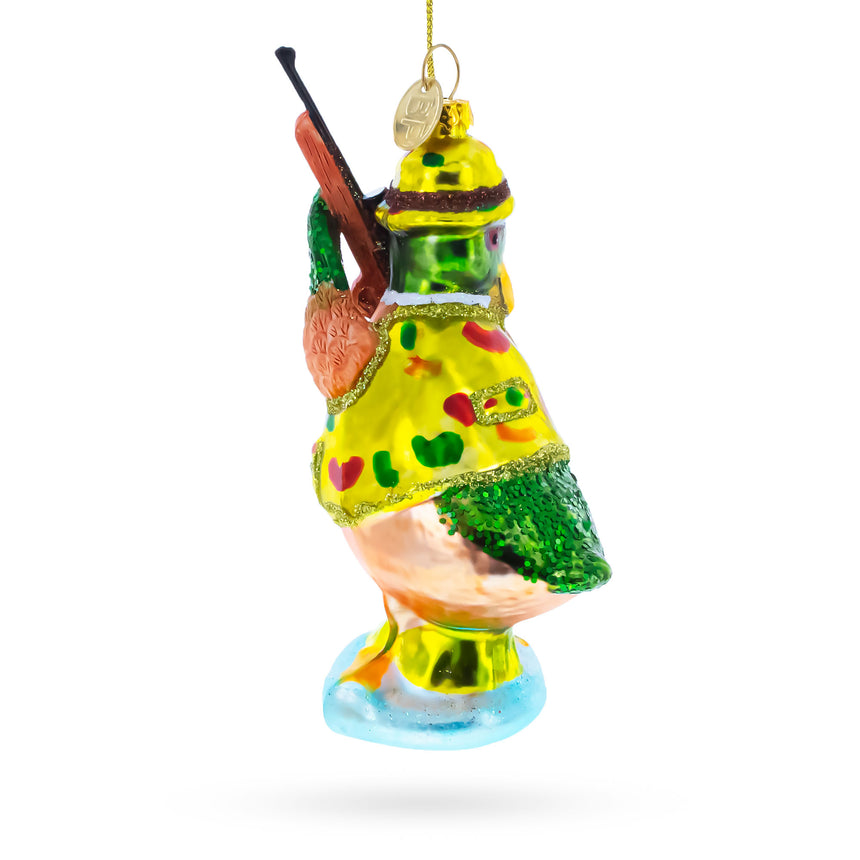 Adventurous Duck the Hunter Blown Glass Christmas Ornament ,dimensions in inches: 5.4 x 2.5 x 1.9