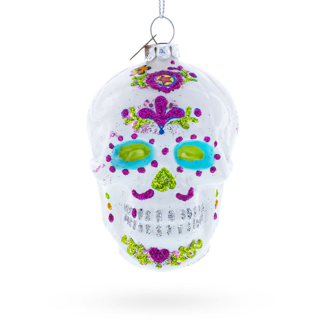 Glass Elegantly Decorated White Skull Glass Christmas Ornament in White color