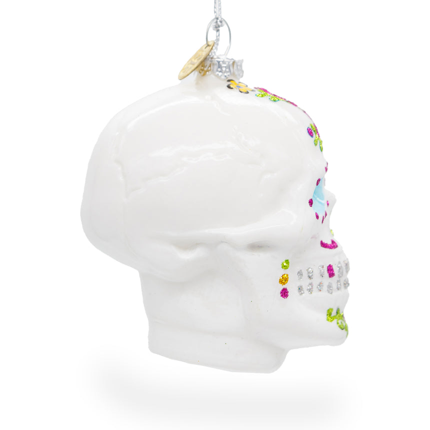 Glass Elegantly Decorated White Skull Glass Christmas Ornament in White color