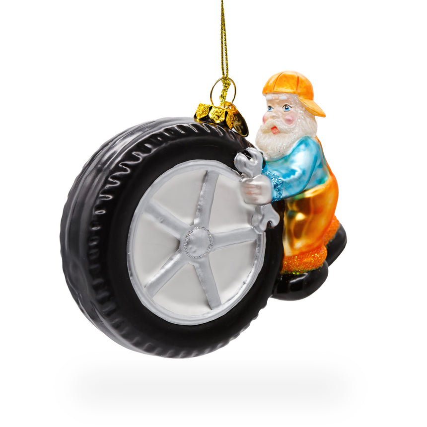 Glass Skilled Tire Repair Mechanic Blown Glass Christmas Ornament in Multi color