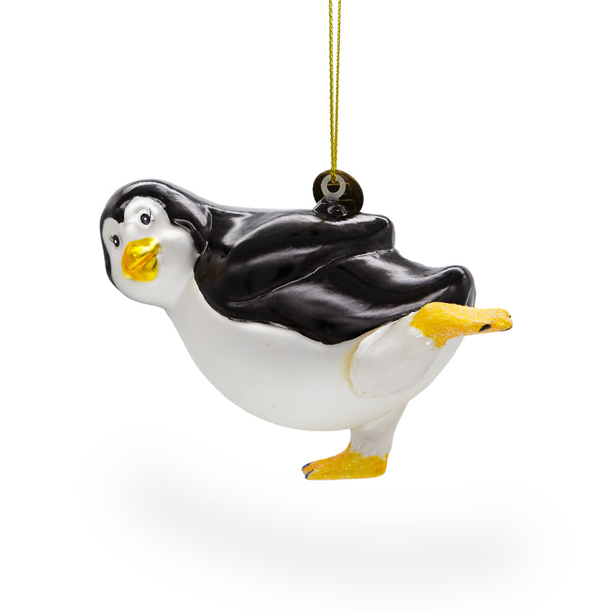 Glass Playful Penguin Skating Blown Glass Christmas Ornament in White color