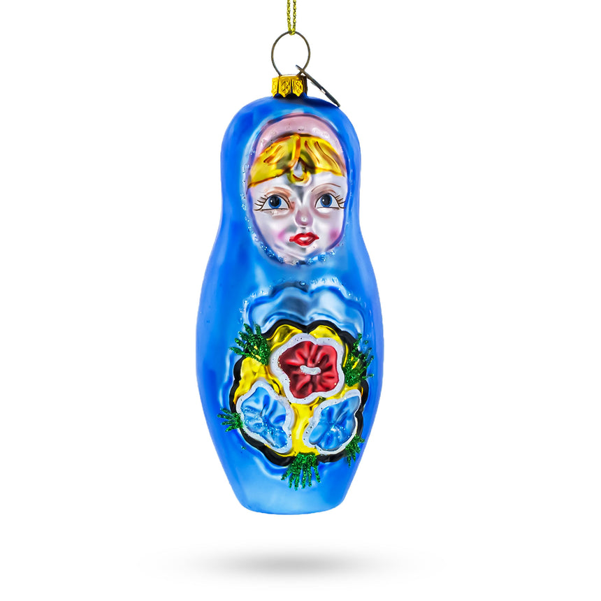 Glass Blue Doll with Flower Blown Glass Christmas Ornament in Blue color