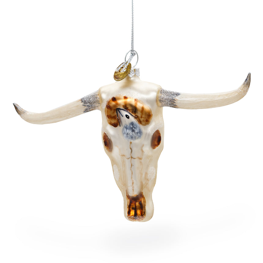 Glass Rustic Cow Skull Blown Glass Christmas Ornament in Ivory color