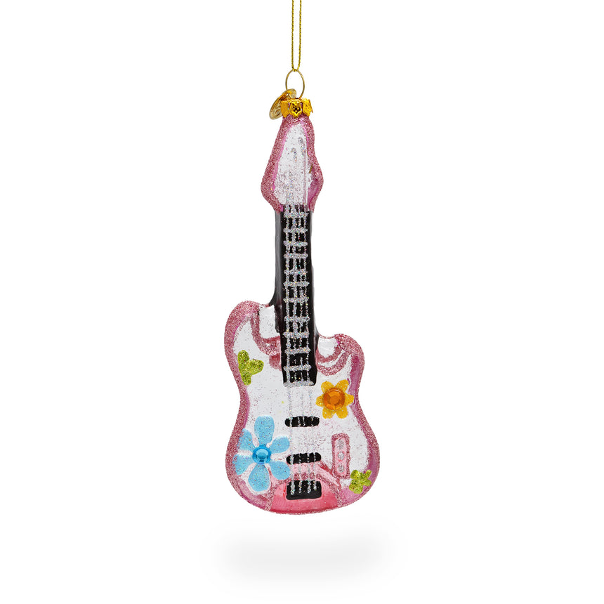 Glass Blossom-Adorned Guitar Blown Glass Christmas Ornament in Multi color