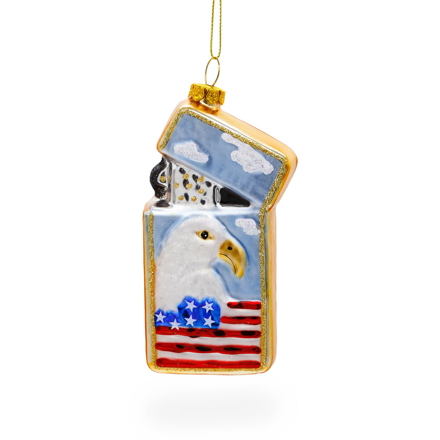 Glass Lighter with USA Flag and Eagle Blown Glass Christmas Ornament in Multi color