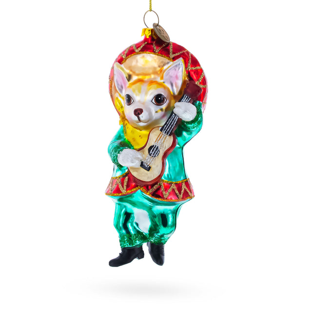 Glass Chihuahua Dog in Sombrero Playing Guitar Blown Glass Christmas Ornament in Multi color