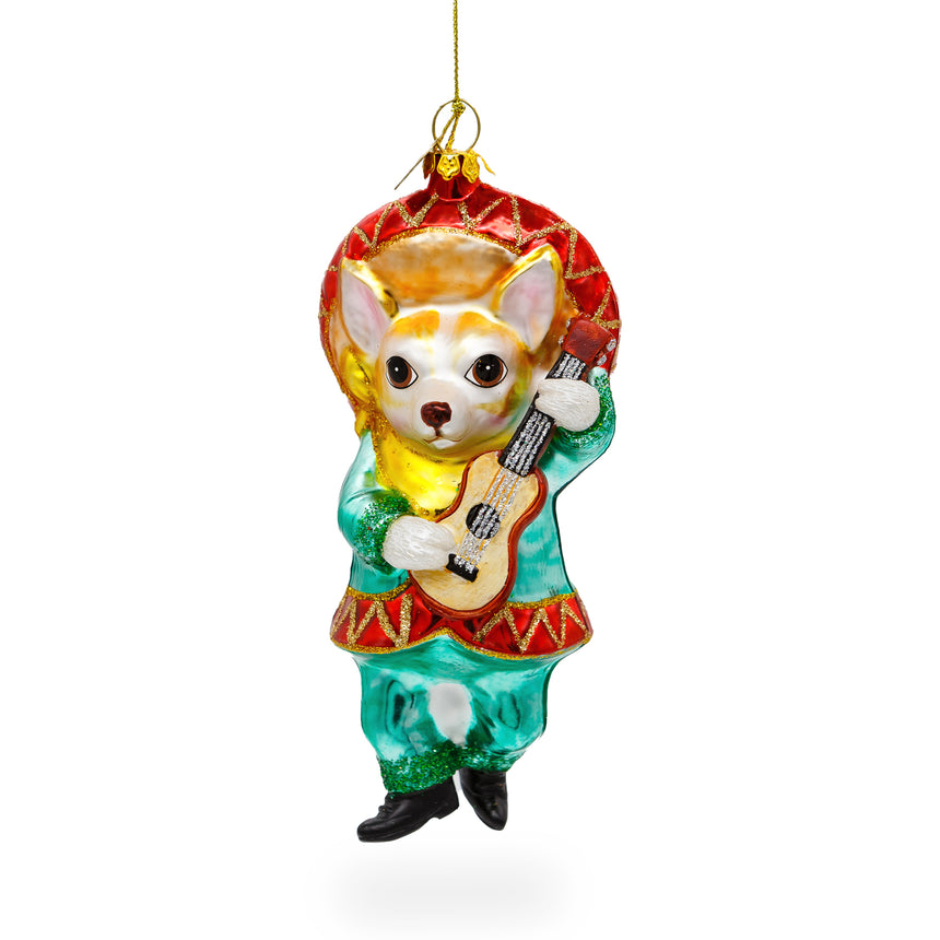 Glass Chihuahua Dog in Sombrero Playing Guitar Blown Glass Christmas Ornament in Multi color