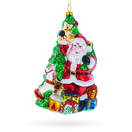 Glass Jolly Santa by Tree Blown Glass Christmas Ornament in Multi color Triangle