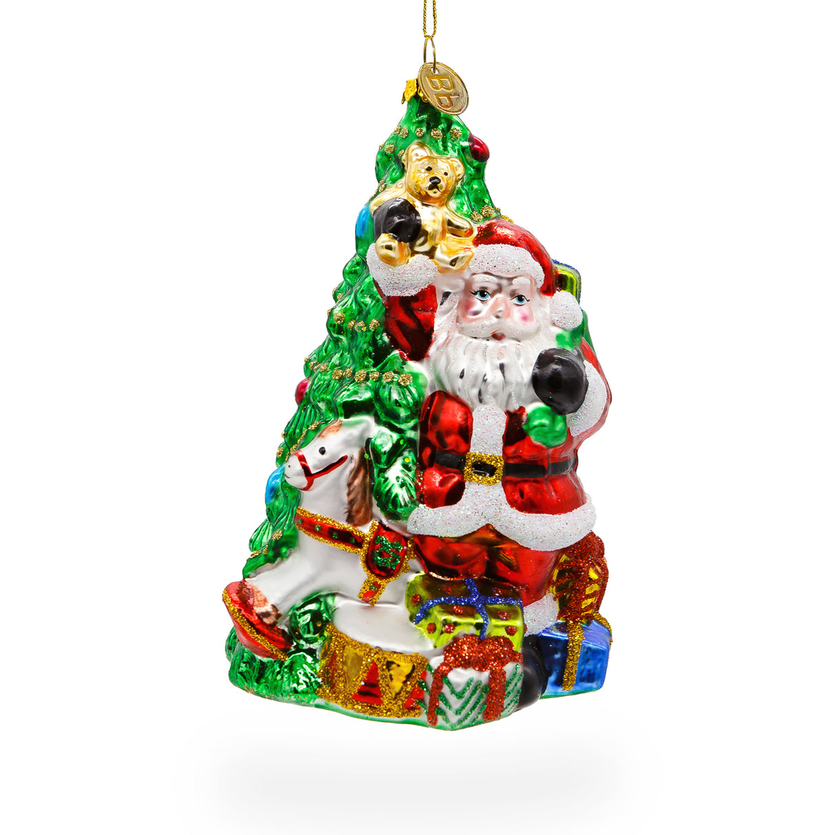 Glass Jolly Santa by Tree Blown Glass Christmas Ornament in Multi color Triangle