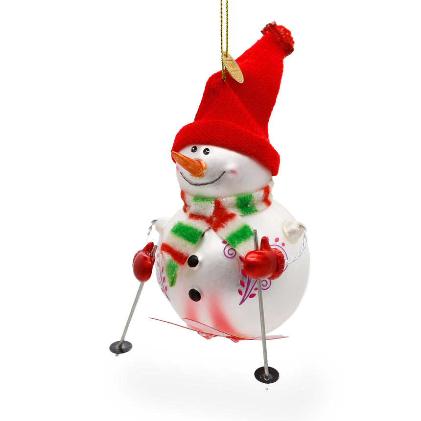 Glass Whimsical Snowman Skiing Blown Glass Christmas Ornament in Multi color